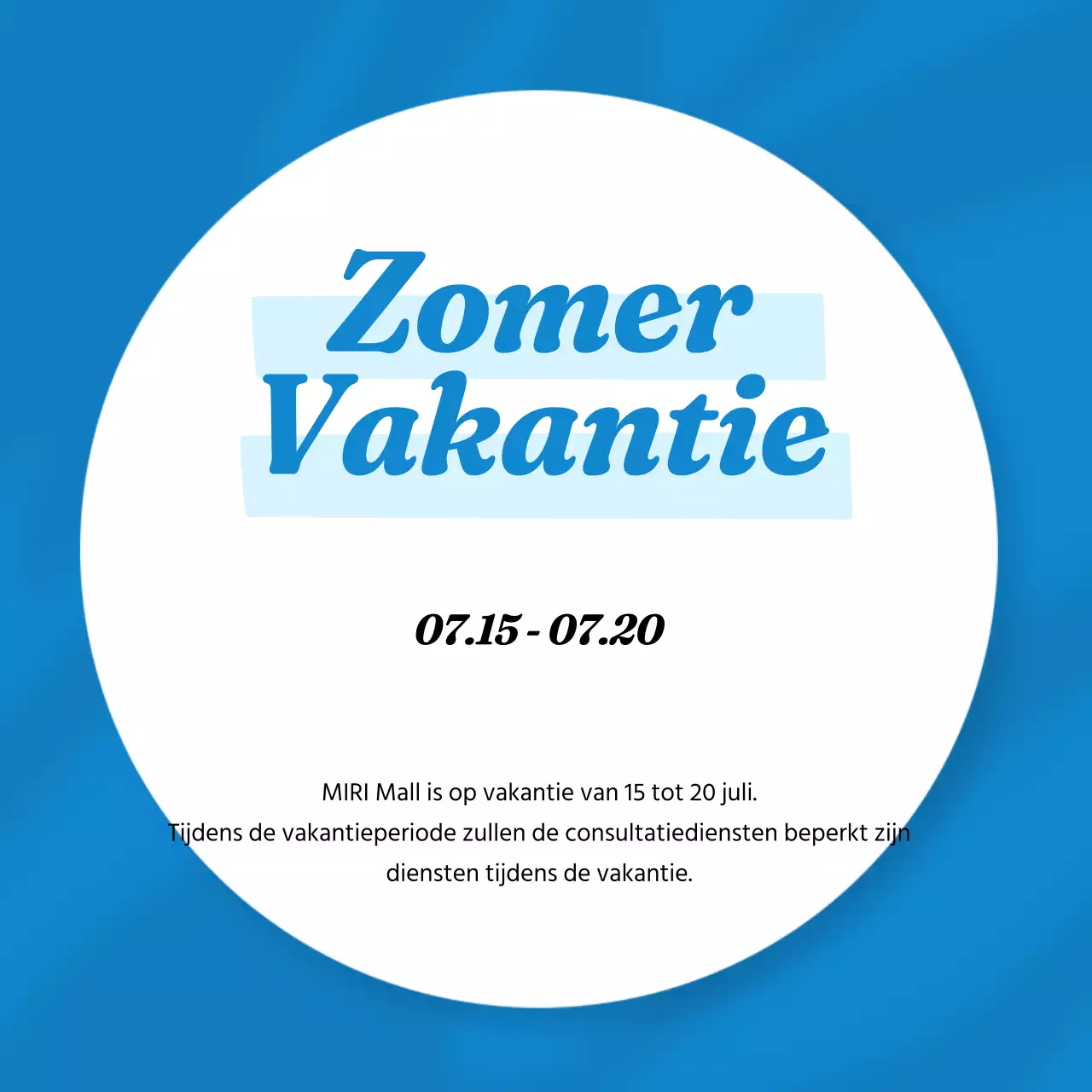 Een eenvoudige zomervakantieaankondiging in blauw en wit