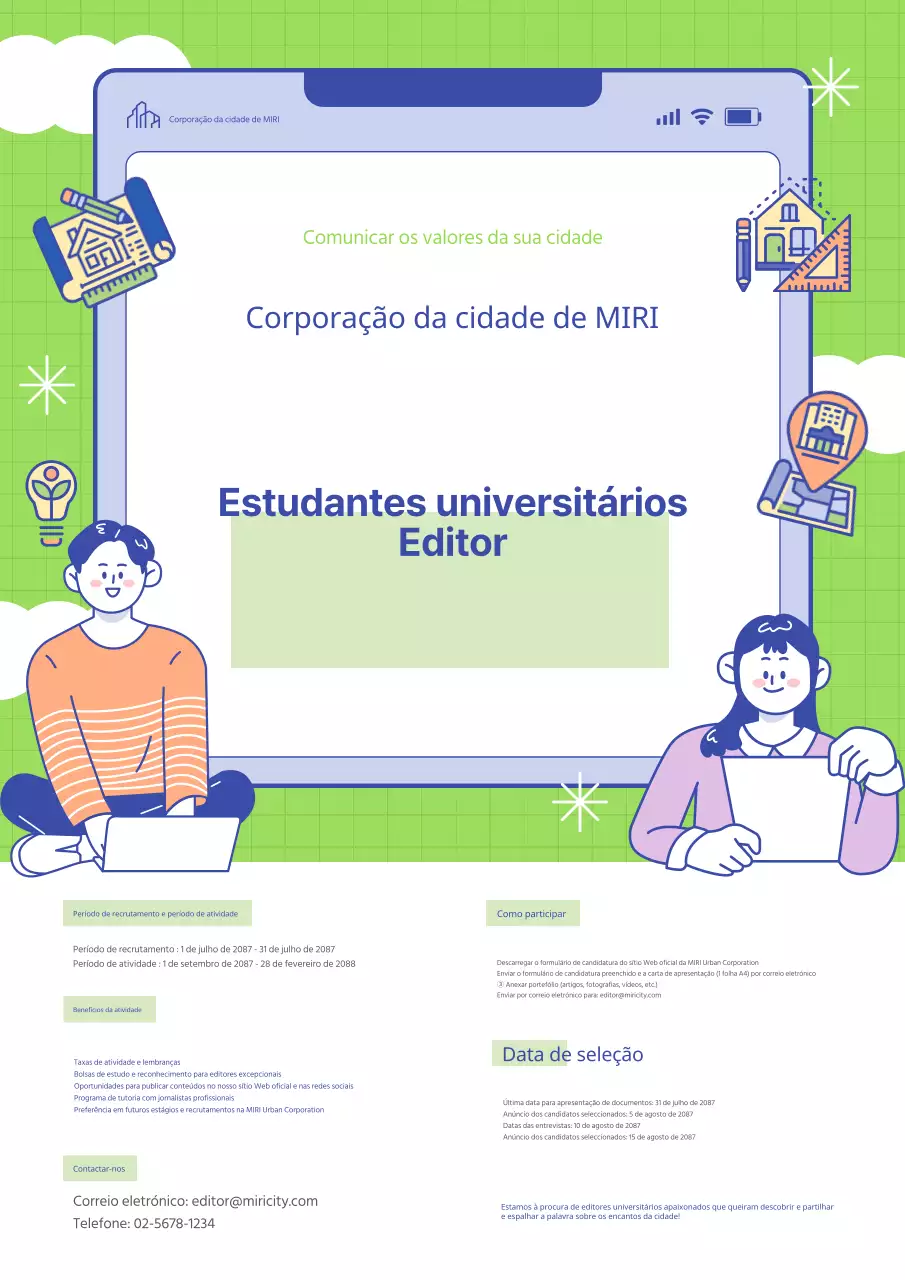 Promover o recrutamento de uma adorável jornalista universitária, de cor azul-marinho e chartreuse.