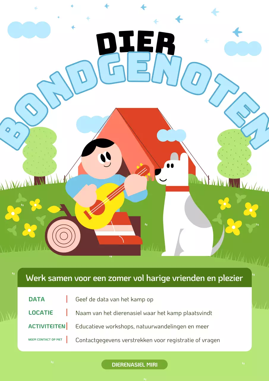 Promoot het zomerkamp van het Animal Care Centre in chartreuse en lichtblauw.