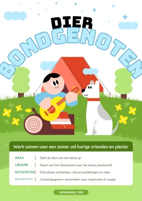 Promoot het zomerkamp van het Animal Care Centre in chartreuse en lichtblauw.