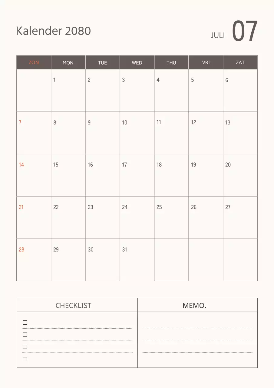 Eenvoudige kalender in bruin en beige.