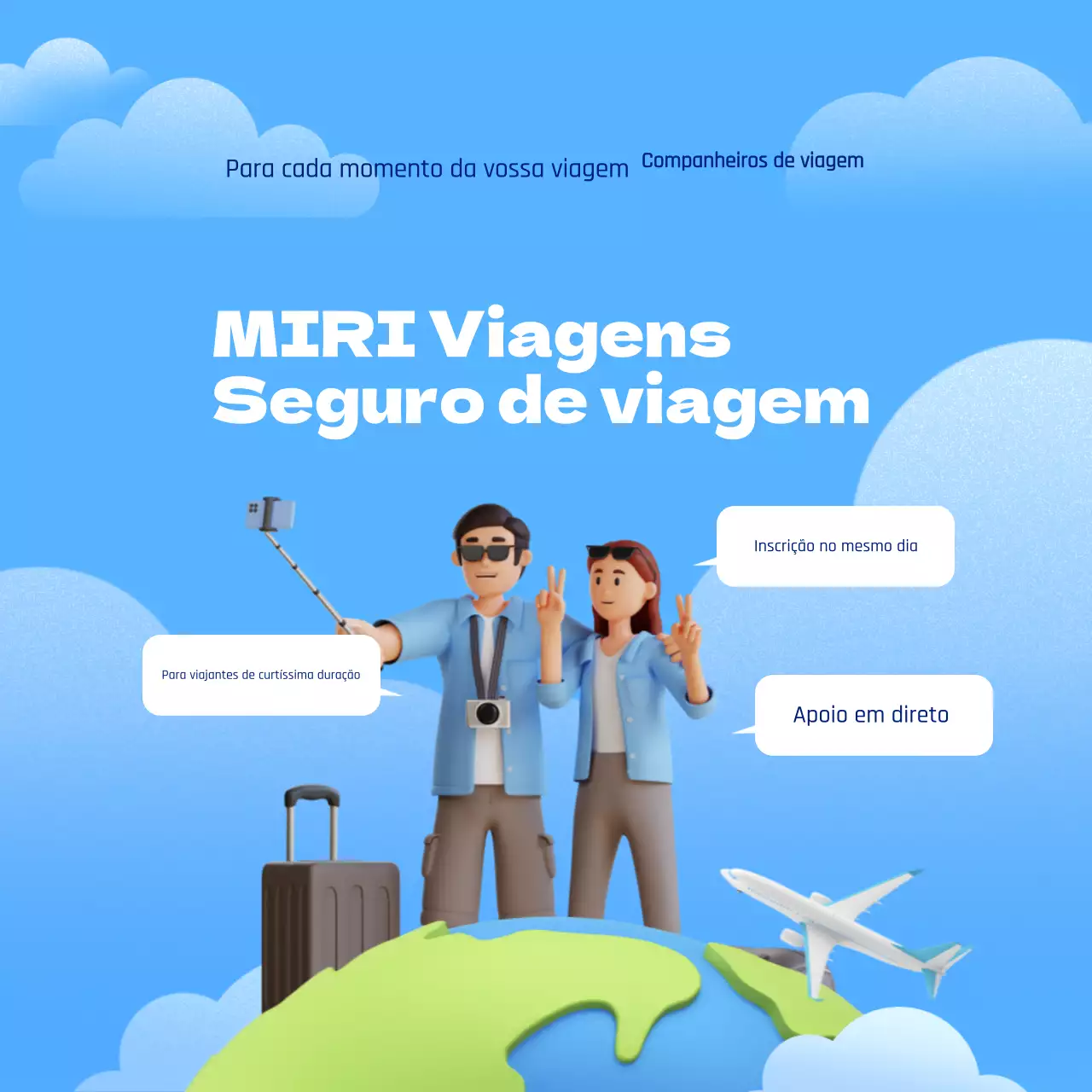 Anúncio moderno de seguro de viagem em azul e branco