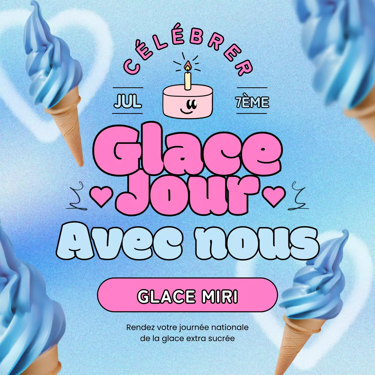 Promouvoir les réductions pour la Journée nationale des glaces avec des touches de bleu et de rose