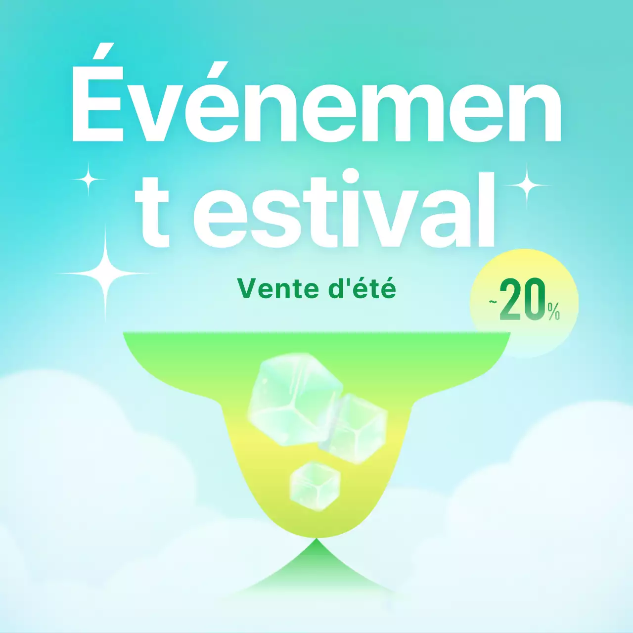 Publicité pour un événement estival de style pop, en menthe et en bleu