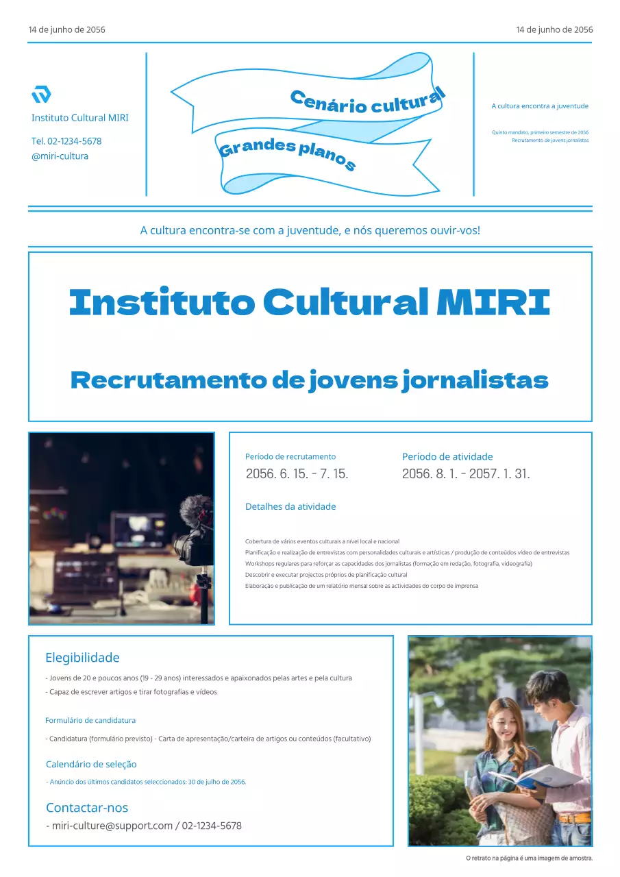 Promover o recrutamento de um corpo de imprensa juvenil moderno em azul e azul claro.