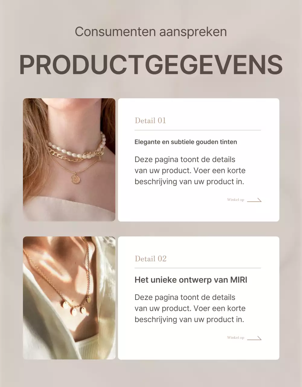 Promoot sieraadbeschrijvingen en detailpagina's in trendy bruin en beige