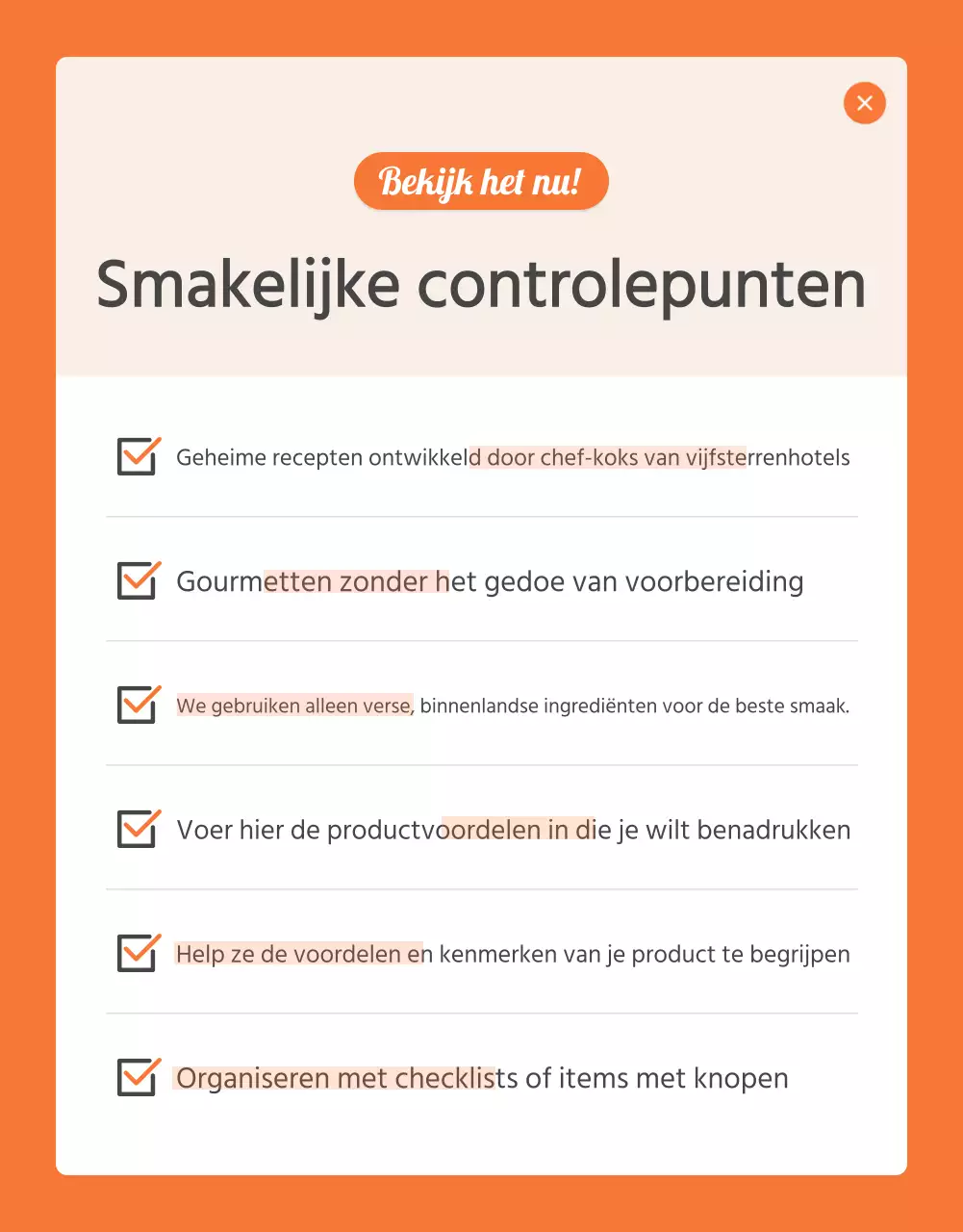 Bevorderen van basismaaltijdenpakket voedselcontrolepunten van oranje en ivoor