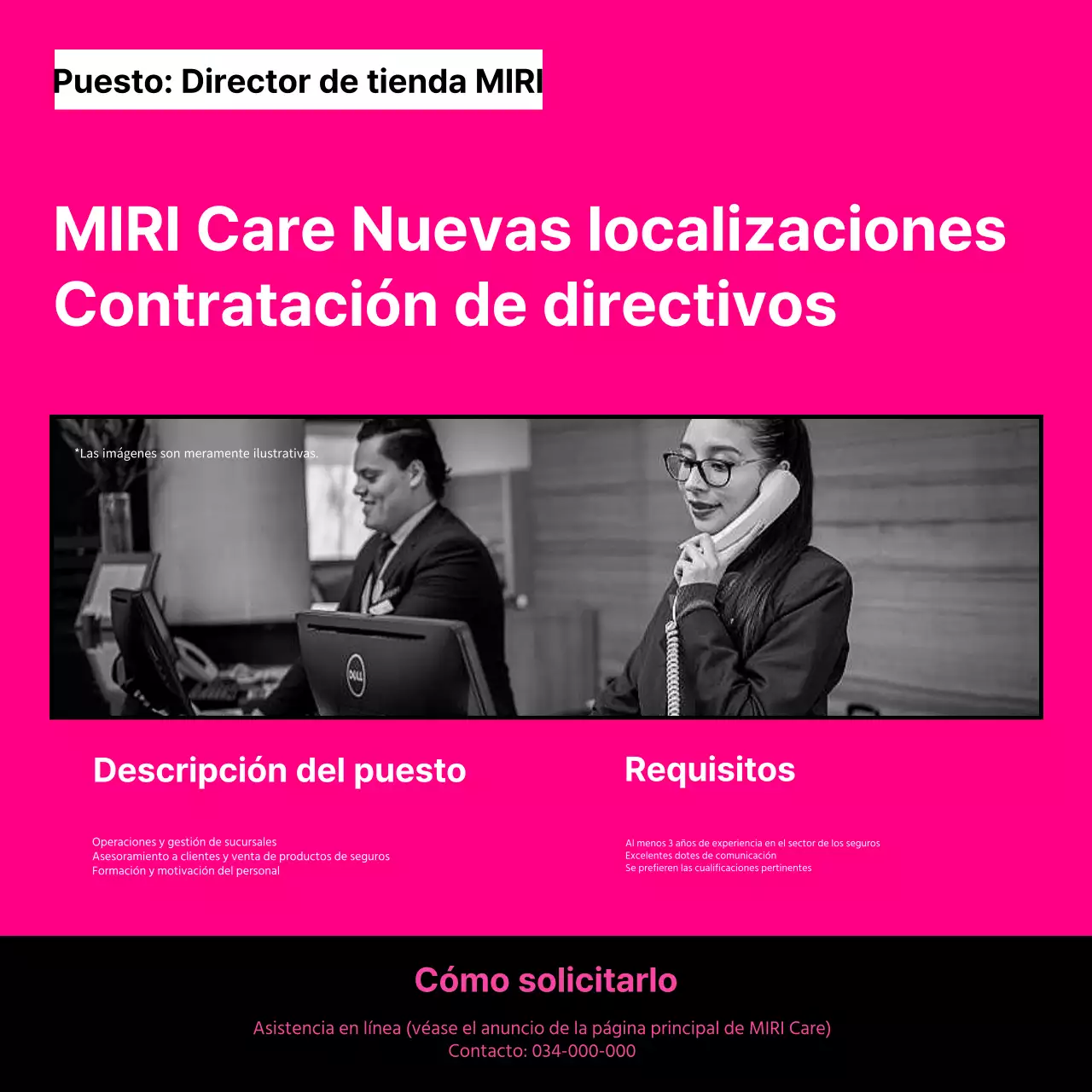 Anuncio de empleo de gestor sencillo en rosa fuerte y negro
