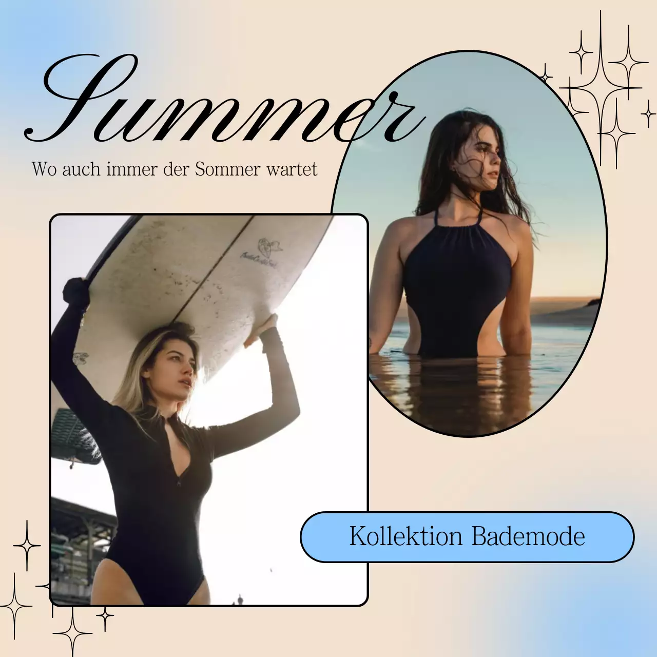 Werbung für eine moderne Bademodenkollektion in Beige und Hellblau