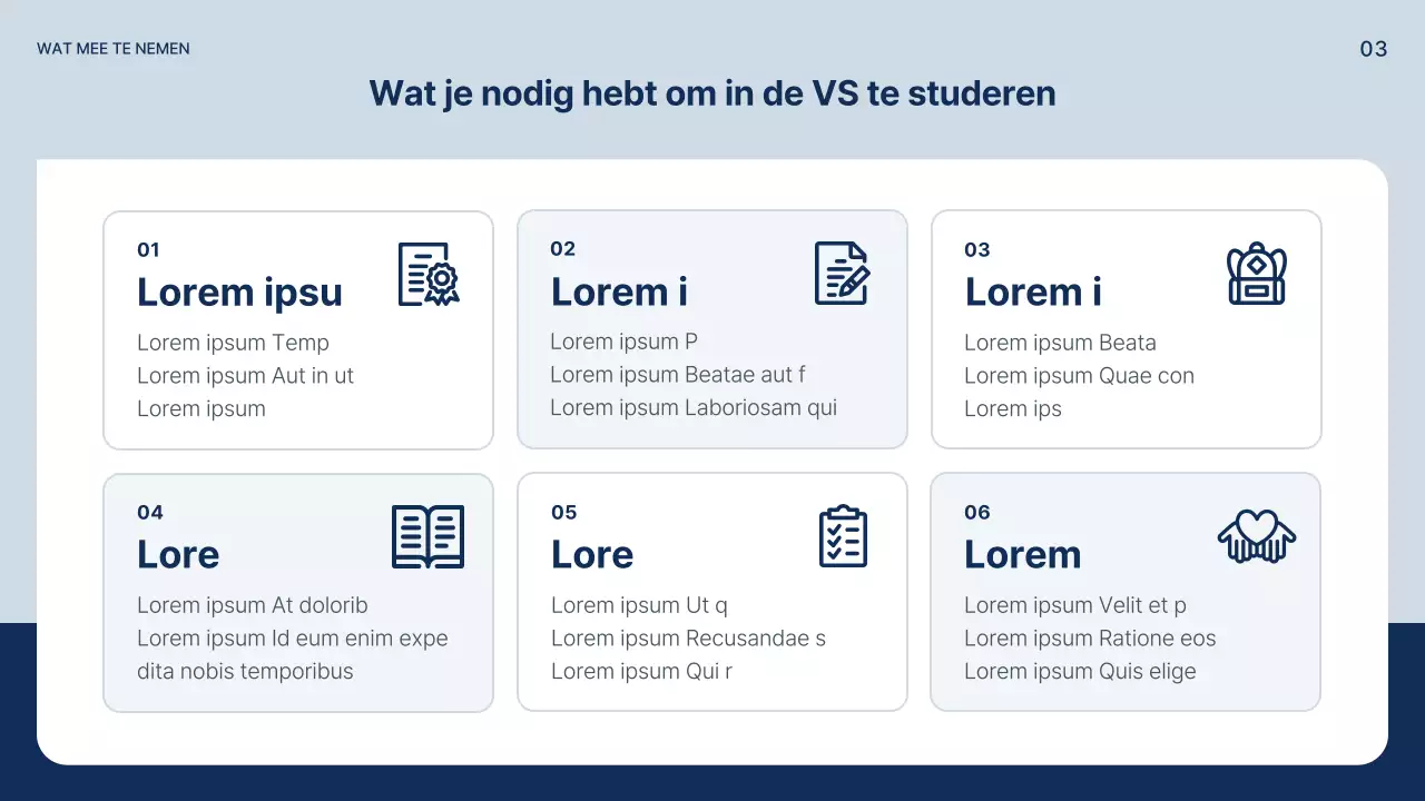 Een eenvoudige prospectus voor studie in het buitenland in marineblauw en grijs