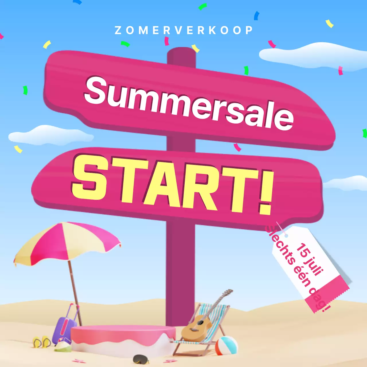 Een verzameling miniaturen van zomerevenementen met blauwe en roze accenten