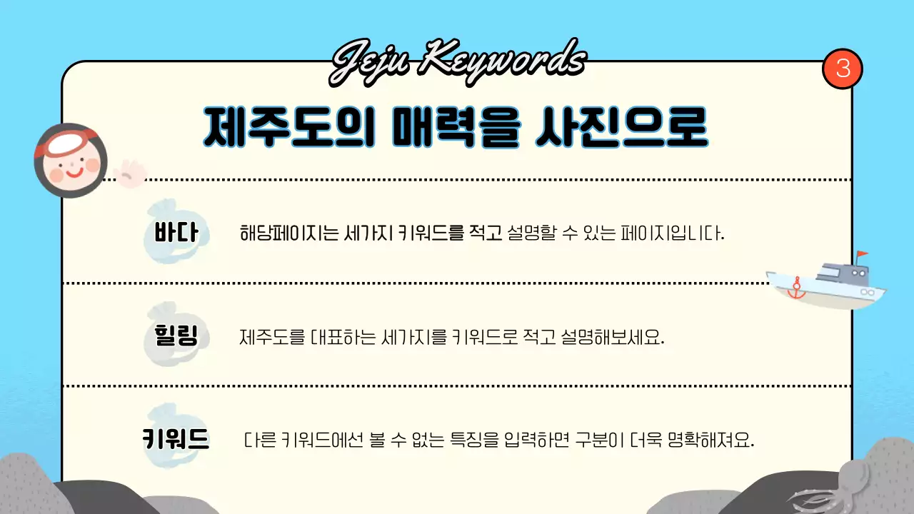 연두색과 주황색의 아기자기한 제주 지역 안내 소개서