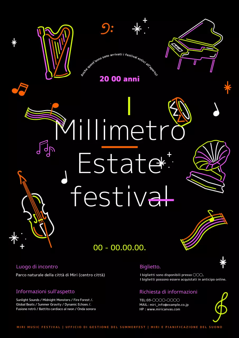 Annuncio del festival musicale estivo Pop Art nera e al neon