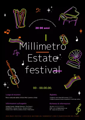 Annuncio del festival musicale estivo Pop Art nera e al neon