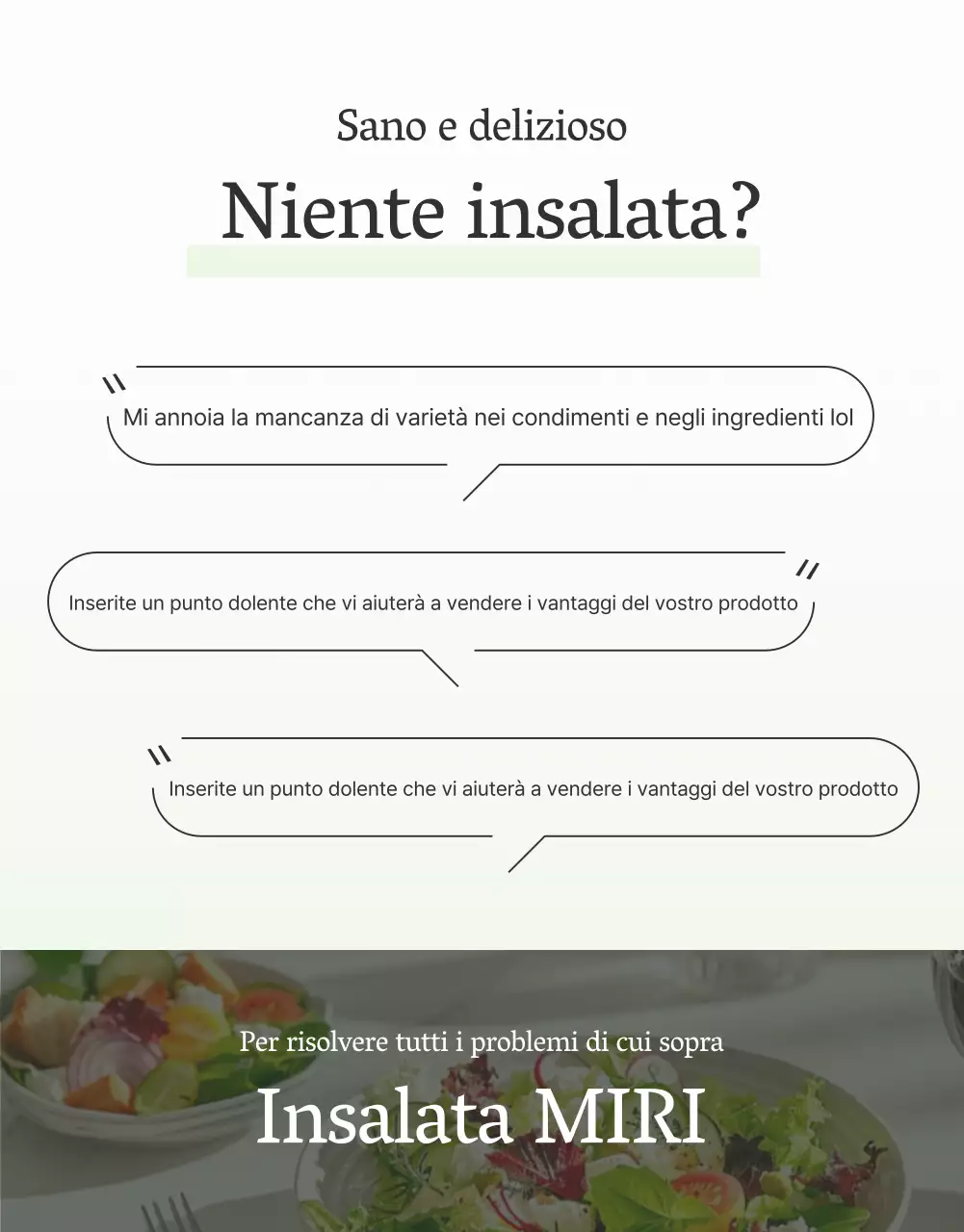 Promuovere un'insalata semplice con descrizione introduttiva bianca e chartreuse