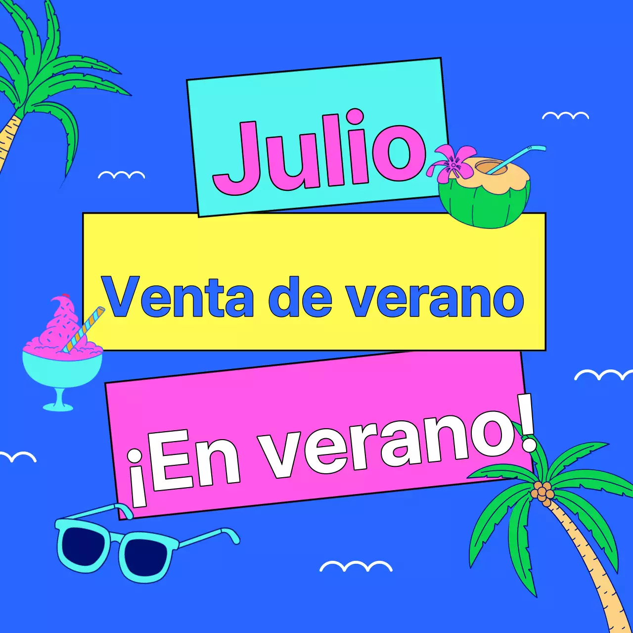 Una colección de miniaturas de eventos veraniegos con énfasis en el azul claro y el rosa fuerte