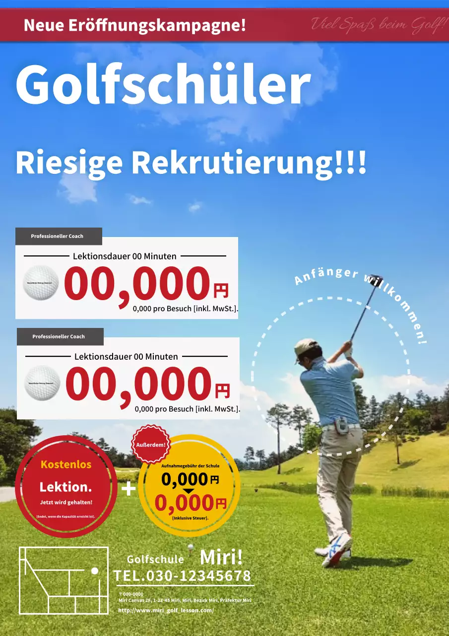 Werbeanzeige der Golfschule betont blaue und rote Grundlagen