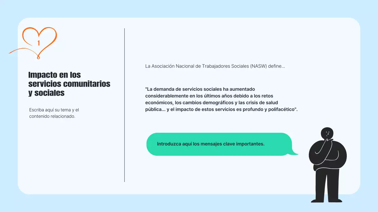 Un moderno folleto de servicios comunitarios en azul claro y naranja