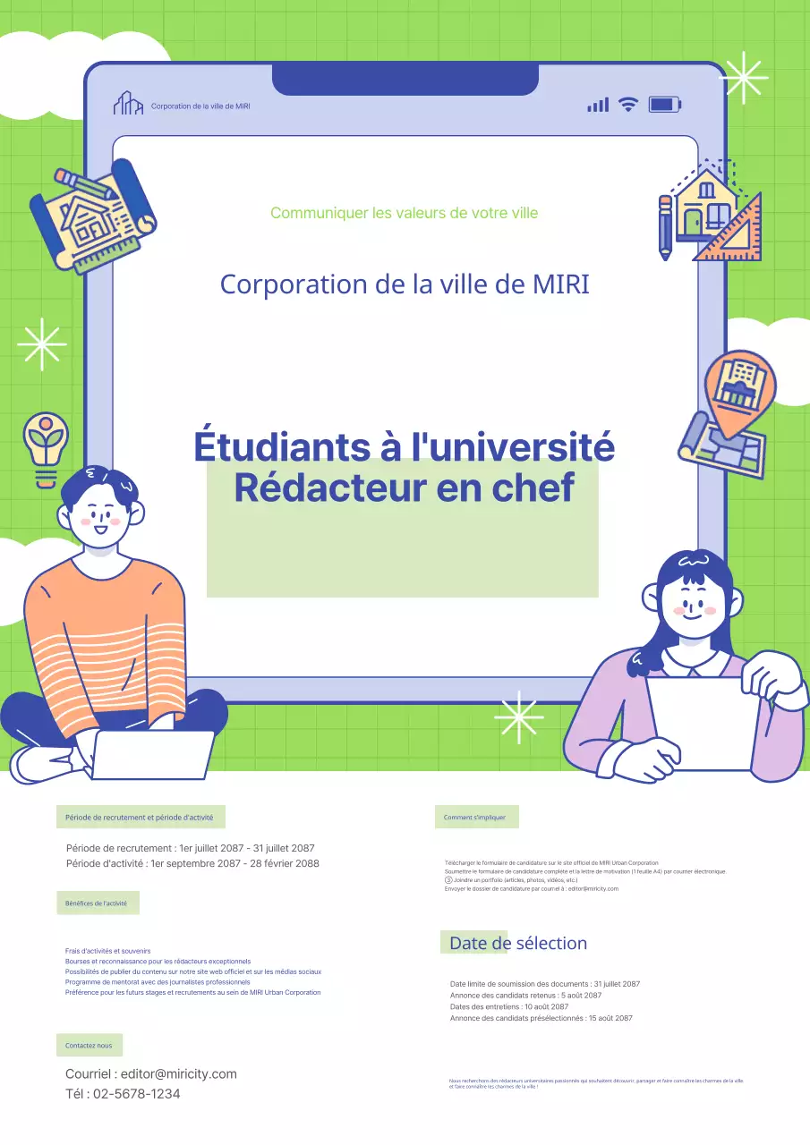 Promouvoir le recrutement d'une adorable journaliste universitaire aux couleurs bleu marine et chartreuse.