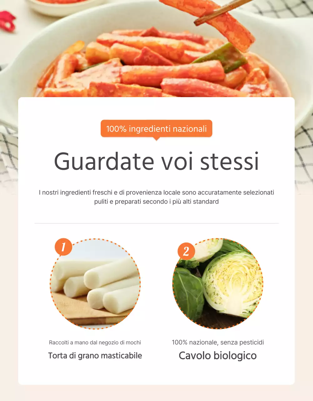 Descrivere e promuovere gli alimenti di base dei kit pasto in Orange e Ivory.