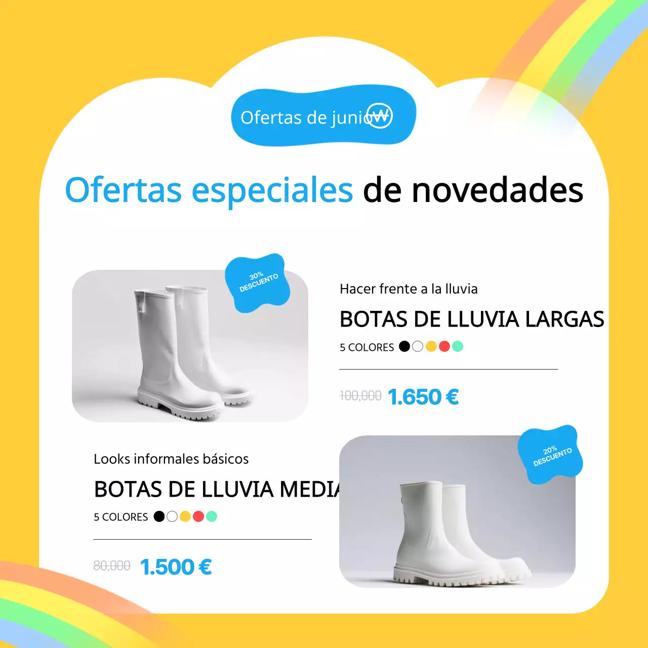 Promover bonitos productos amarillos y azul claro para la temporada de lluvias