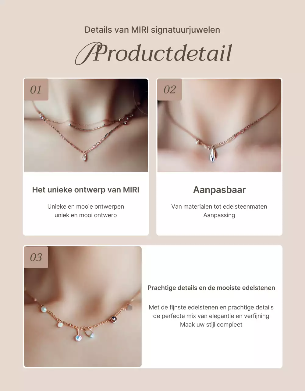 Promoot sieraadbeschrijvingen en detailpagina's in trendy bruin en beige