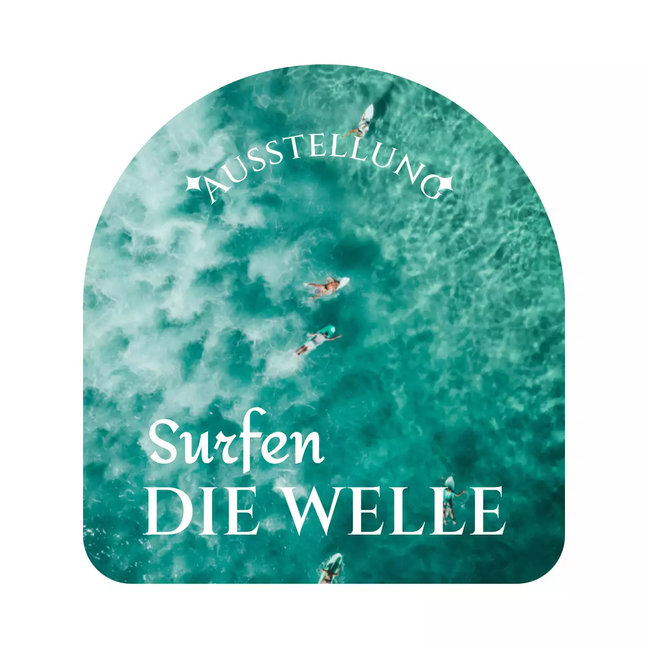 Cooles und sentimentales Ausstellungsgut mit Meeresfotos und Serifenschriften in einem rundbogigen Rahmen.