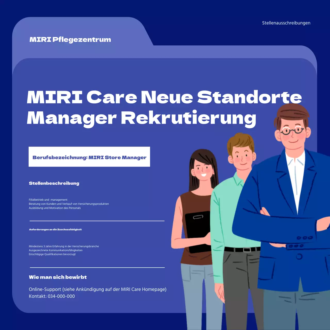 Minimalistische Stellenausschreibung für Manager in Blau und Marineblau