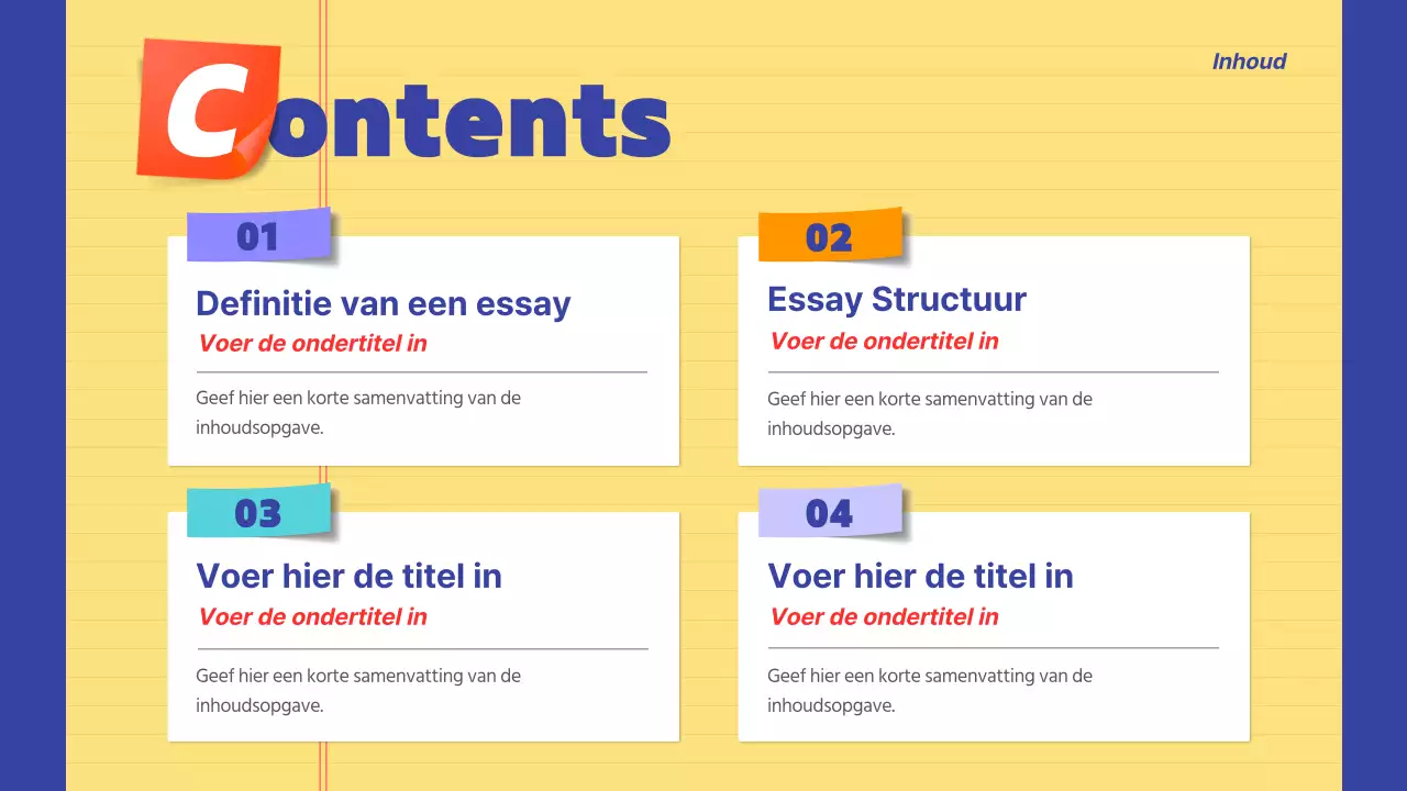 Aankondigingsinformatie gemarkeerd in geel en marineblauw