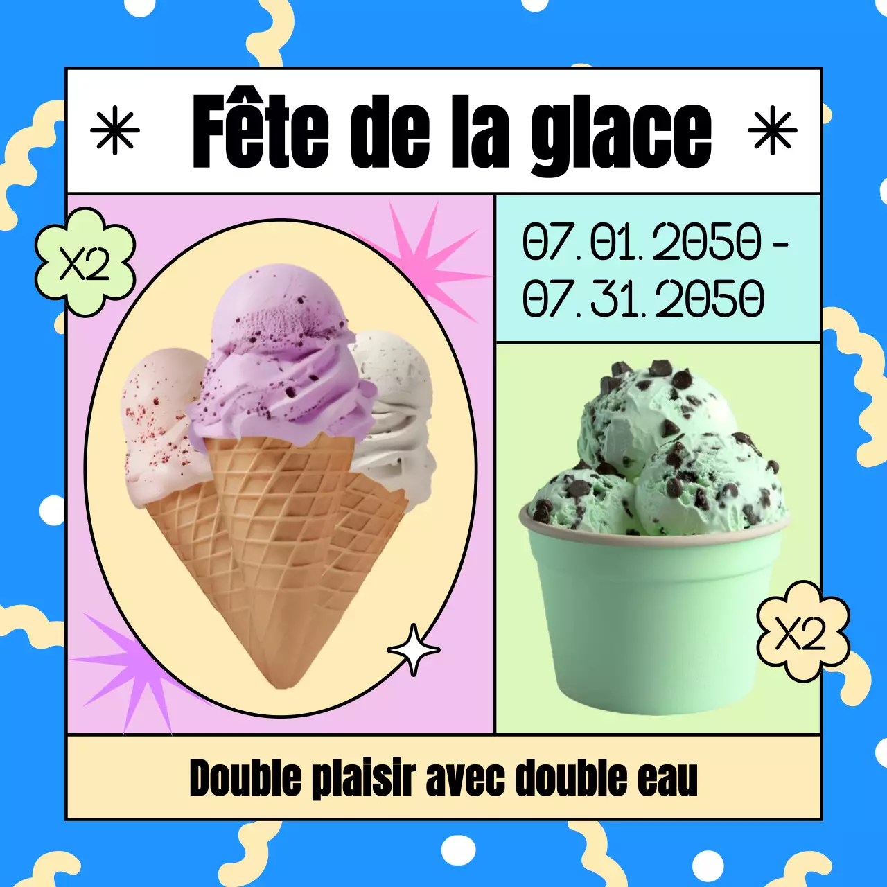 Promouvoir les réductions pour la Journée nationale des glaces avec des touches de bleu et de jaune