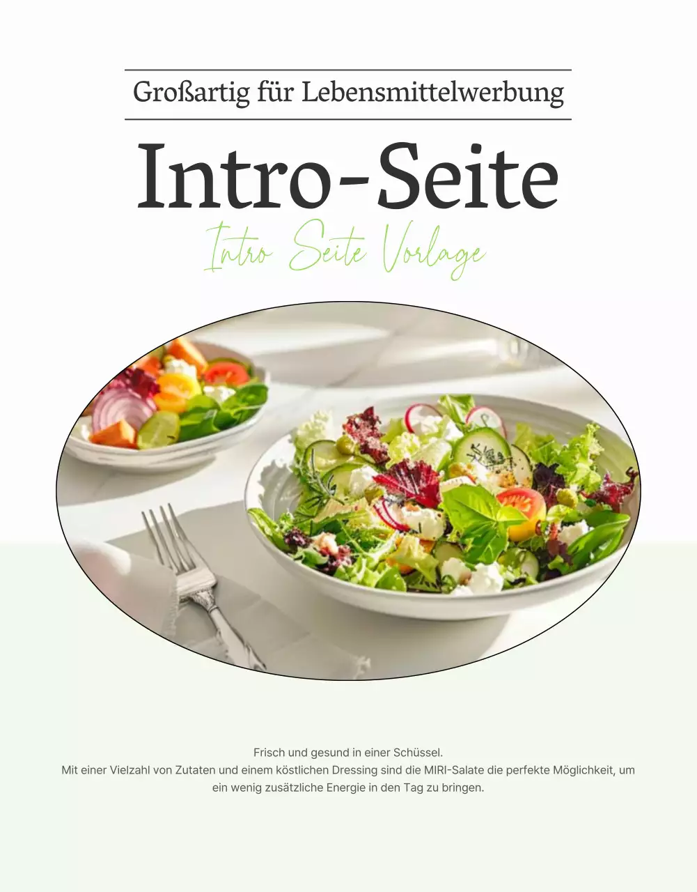 Bewerben Sie einen einfachen Salat mit weißer und chartreuser Intro-Beschreibung