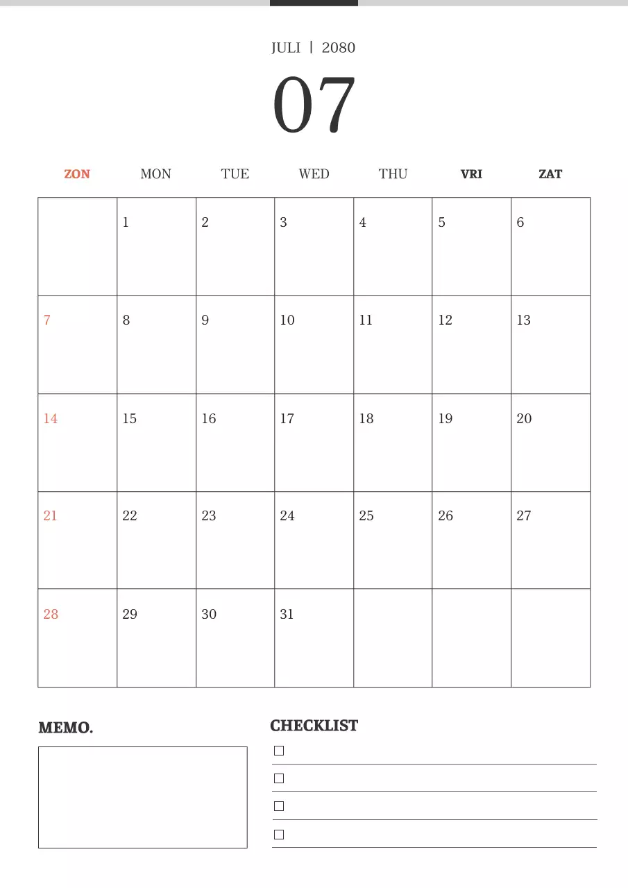 Eenvoudige zwart-wit kalender.