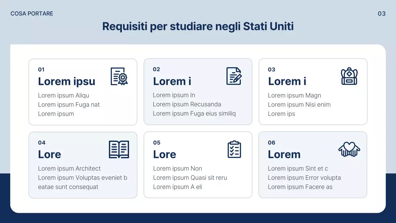 Un semplice prospetto di studio all'estero in blu e grigio