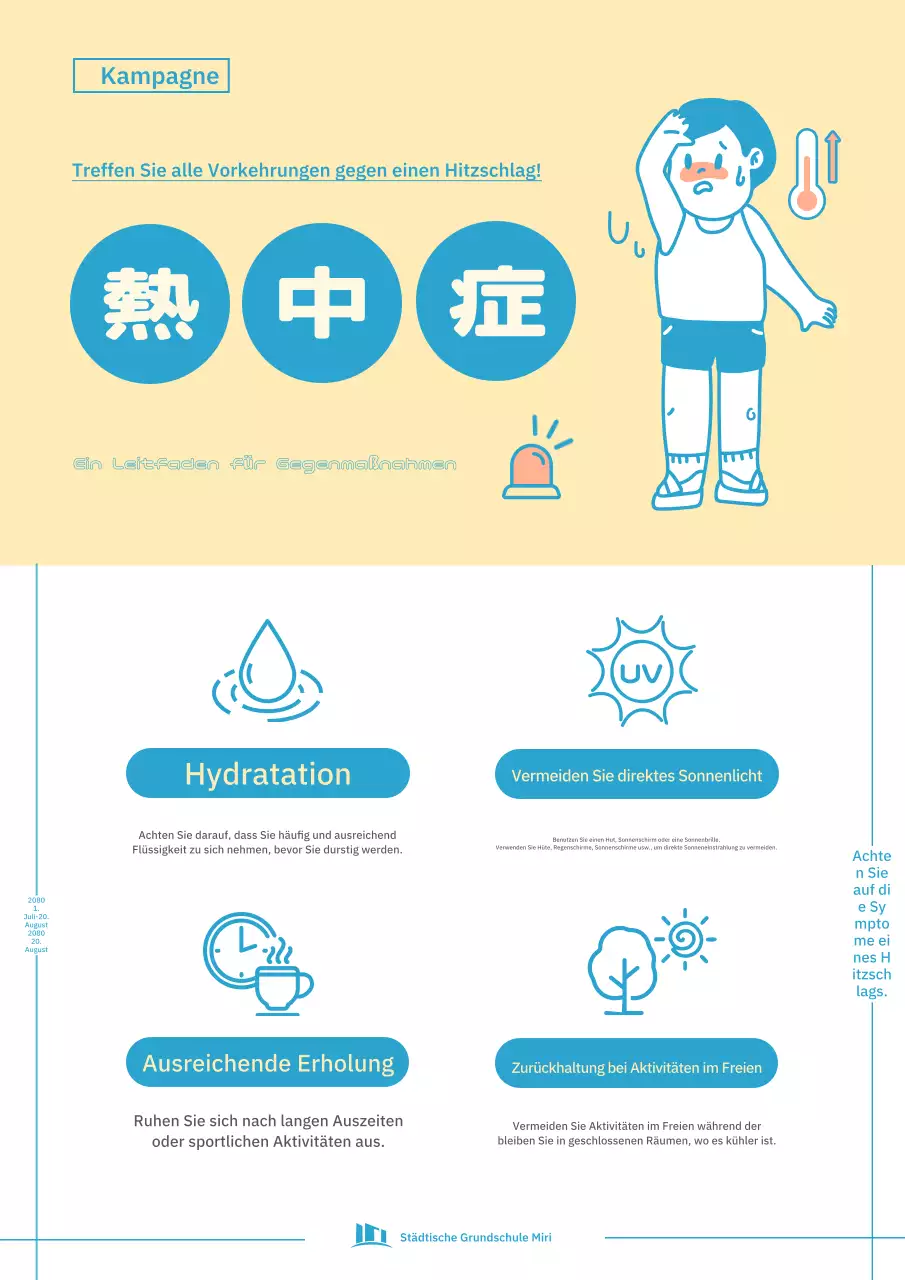 Einfaches blaues und gelbes Merkblatt zum Hitzschlag.