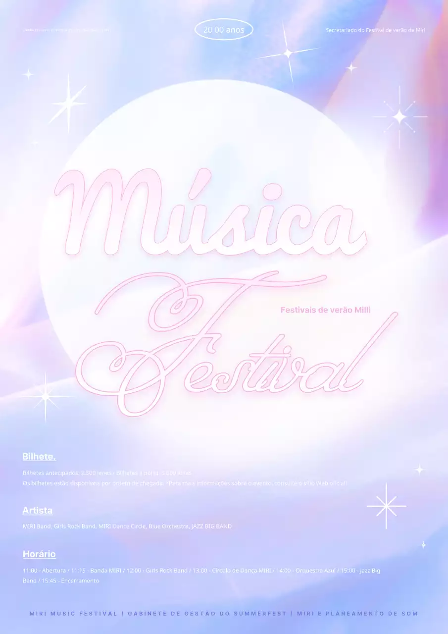 Anúncio de um festival de música de verão de sonho em roxo claro e cor-de-rosa.