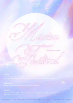 Anuncio de un festival de música veraniego de ensueño en morado claro y rosa.