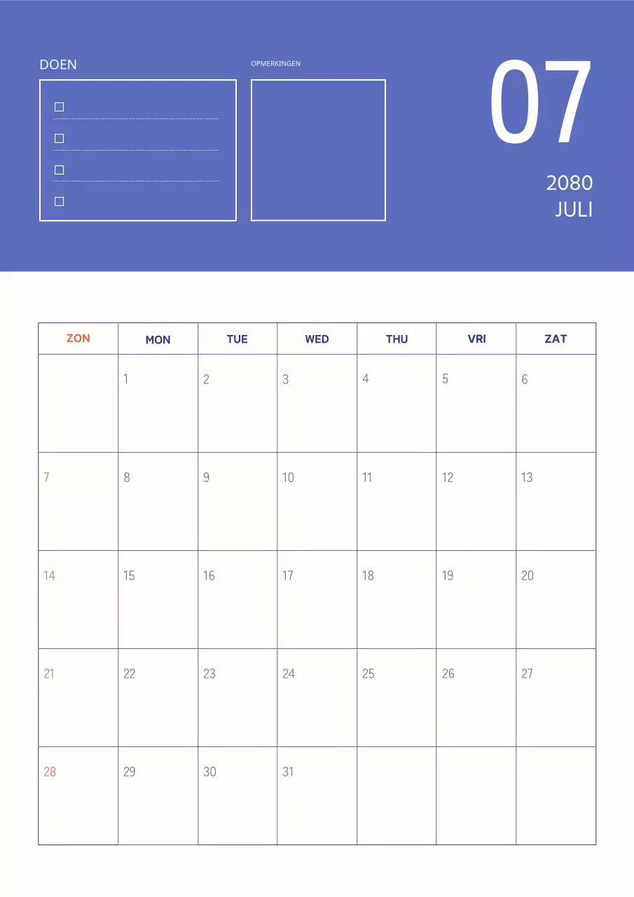 Eenvoudige blauwe en ivoorkleurige kalender.