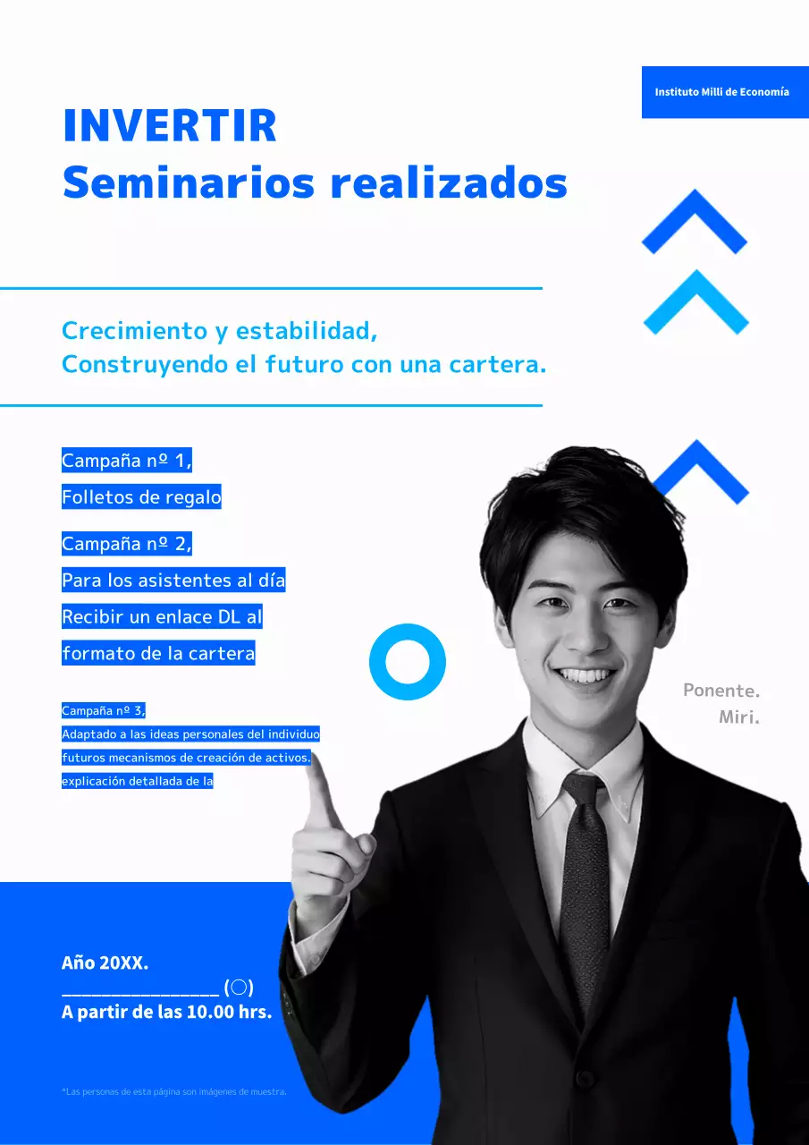 Publicidad de sesiones informativas sencillas sobre la cartera de inversiones en azul y negro