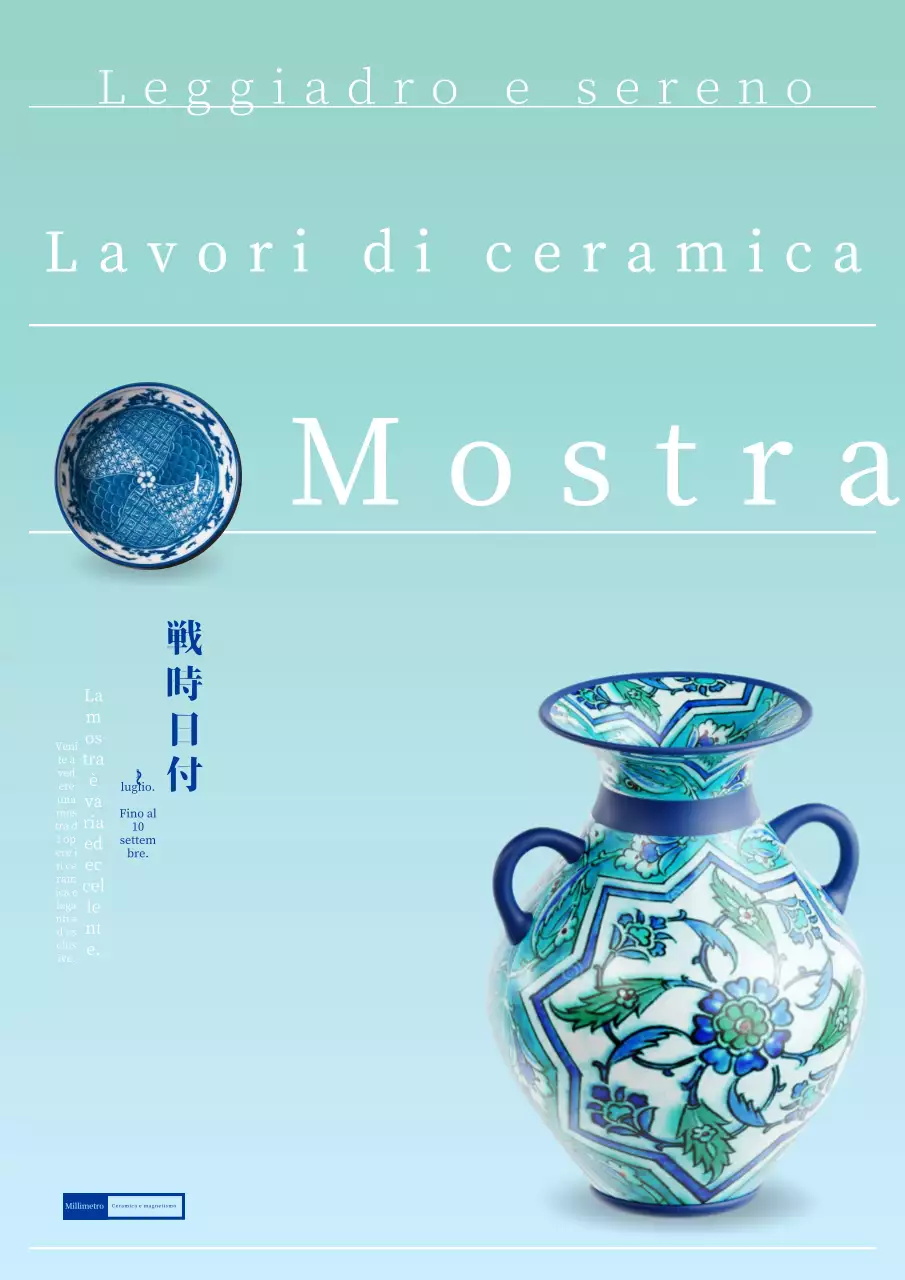 Pubblicità per una semplice mostra di ceramica bianca e menta.