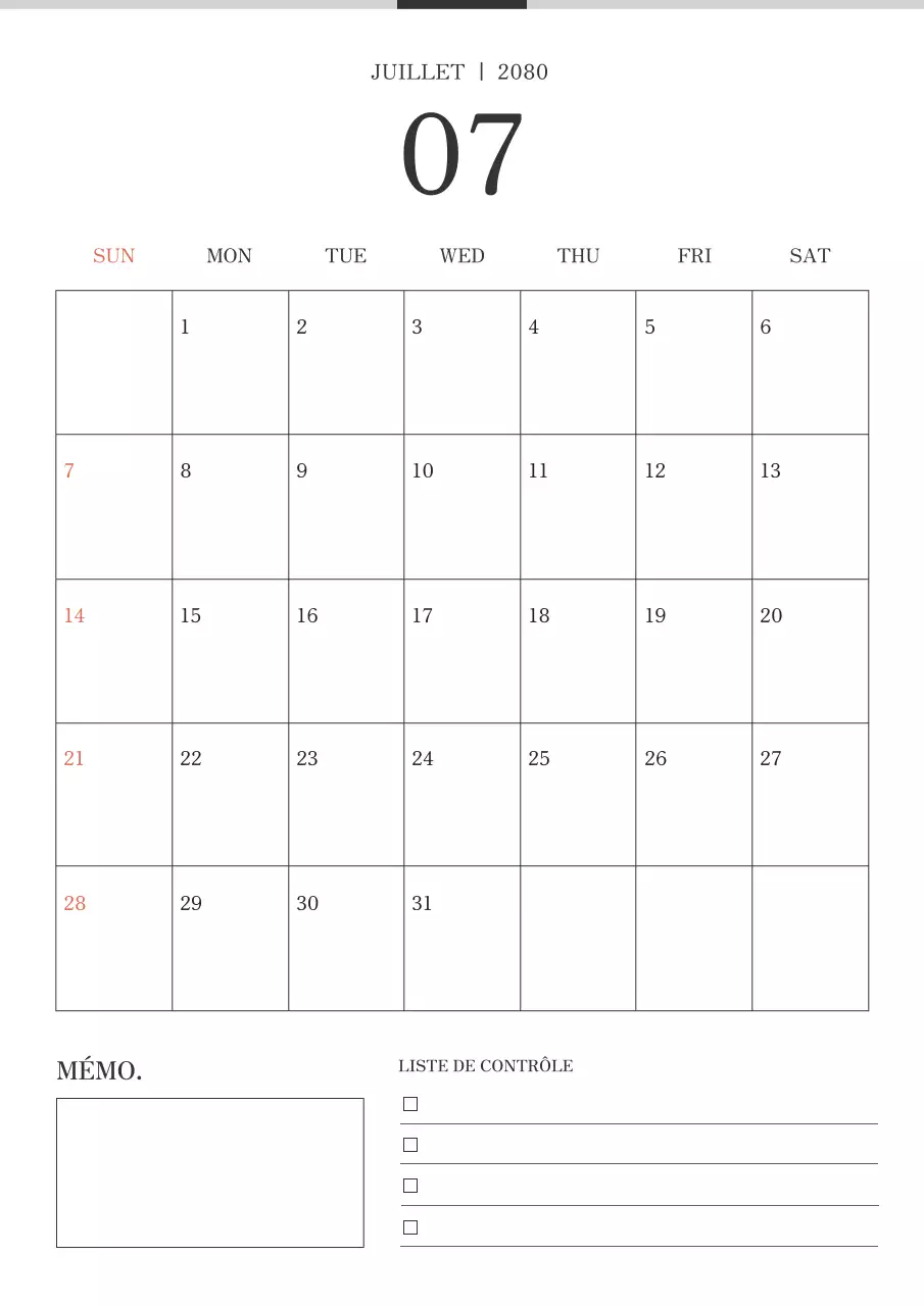 Calendrier simple en noir et blanc.