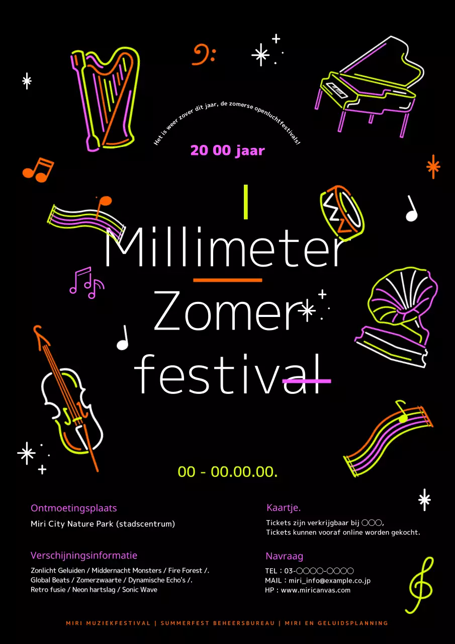 Aankondiging zwart en neon pop art zomermuziekfestival