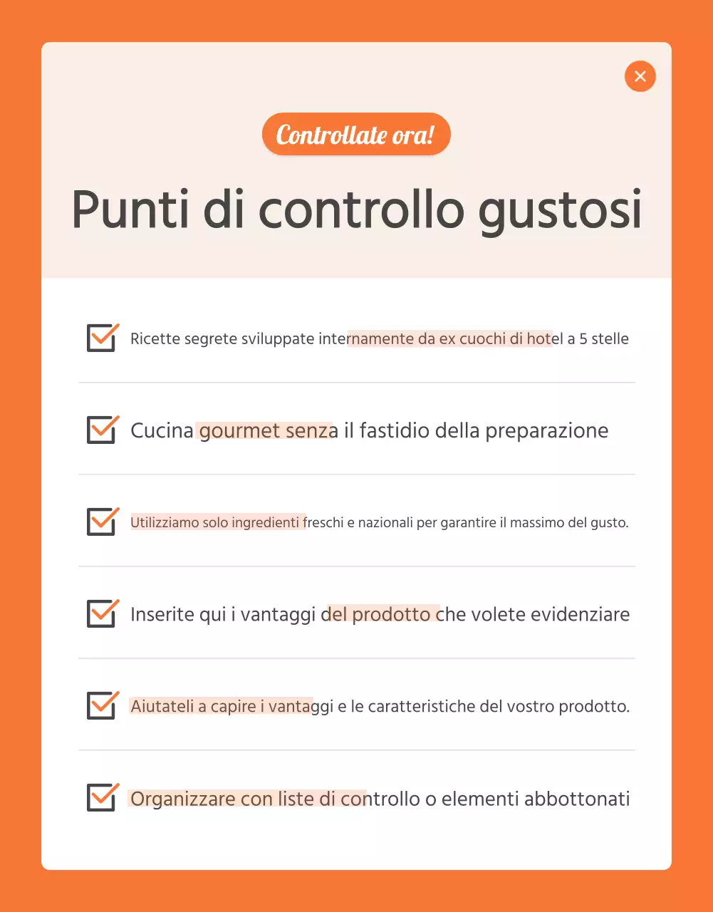 Promuovere i punti di controllo dei pasti di base di colore arancione e avorio.