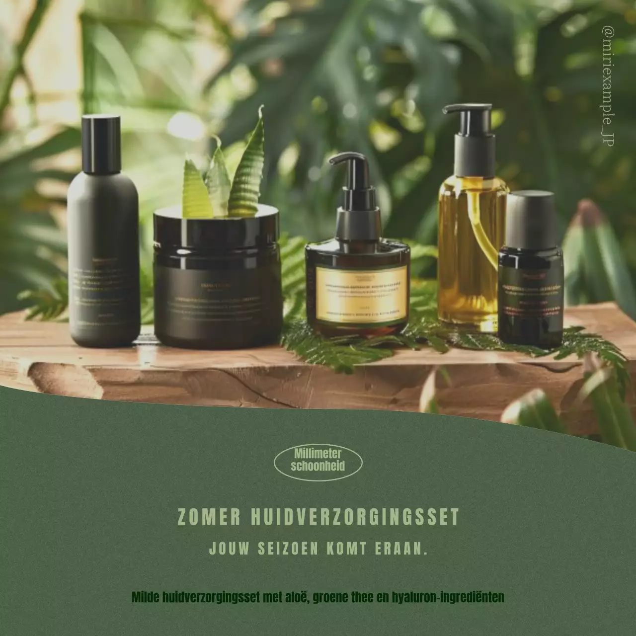 Eenvoudige zomerse huidverzorgingsset in kaki en groen.
