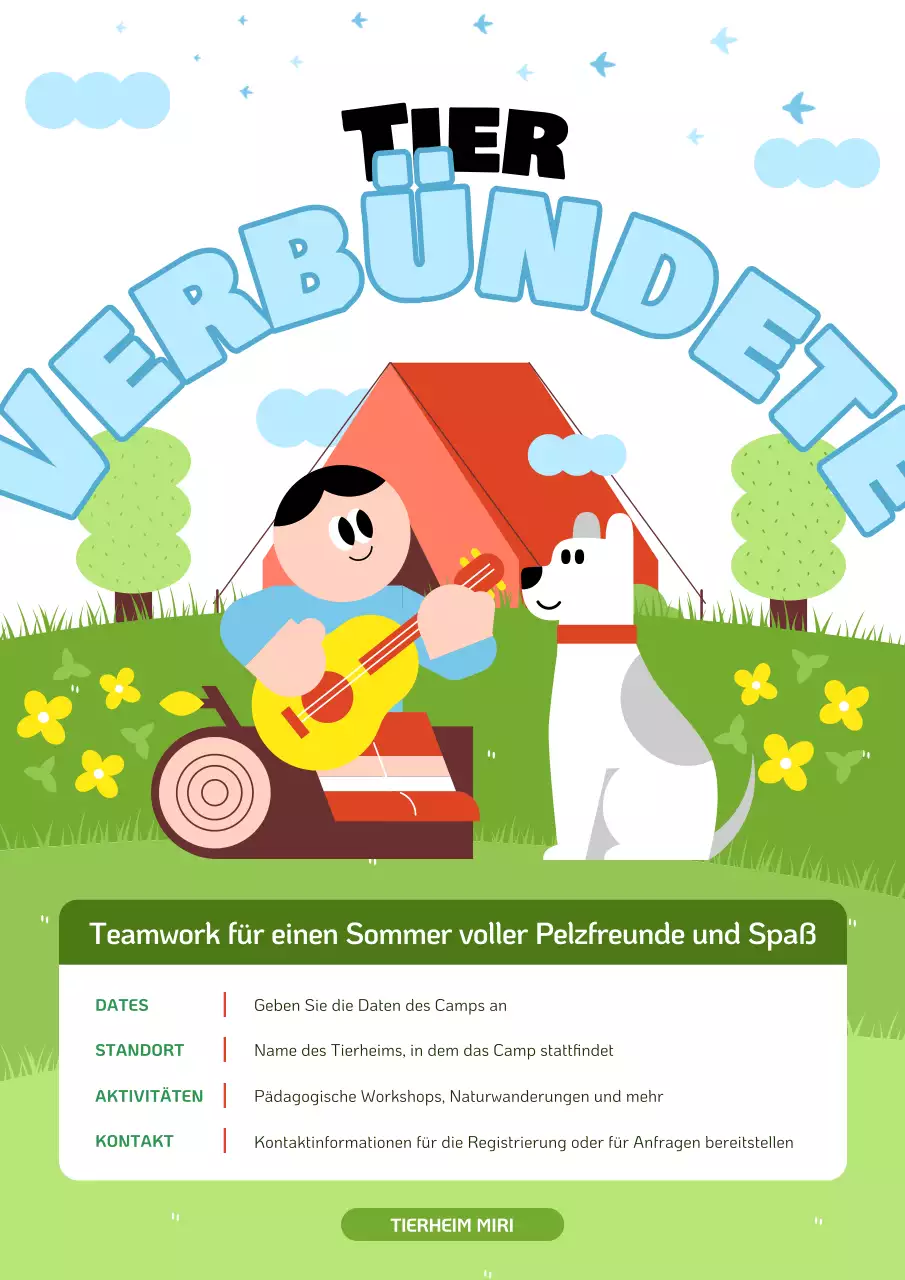 Werben Sie für das Sommercamp des Animal Care Centre in Chartreuse und Hellblau.