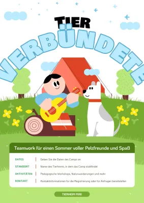 Werben Sie für das Sommercamp des Animal Care Centre in Chartreuse und Hellblau.