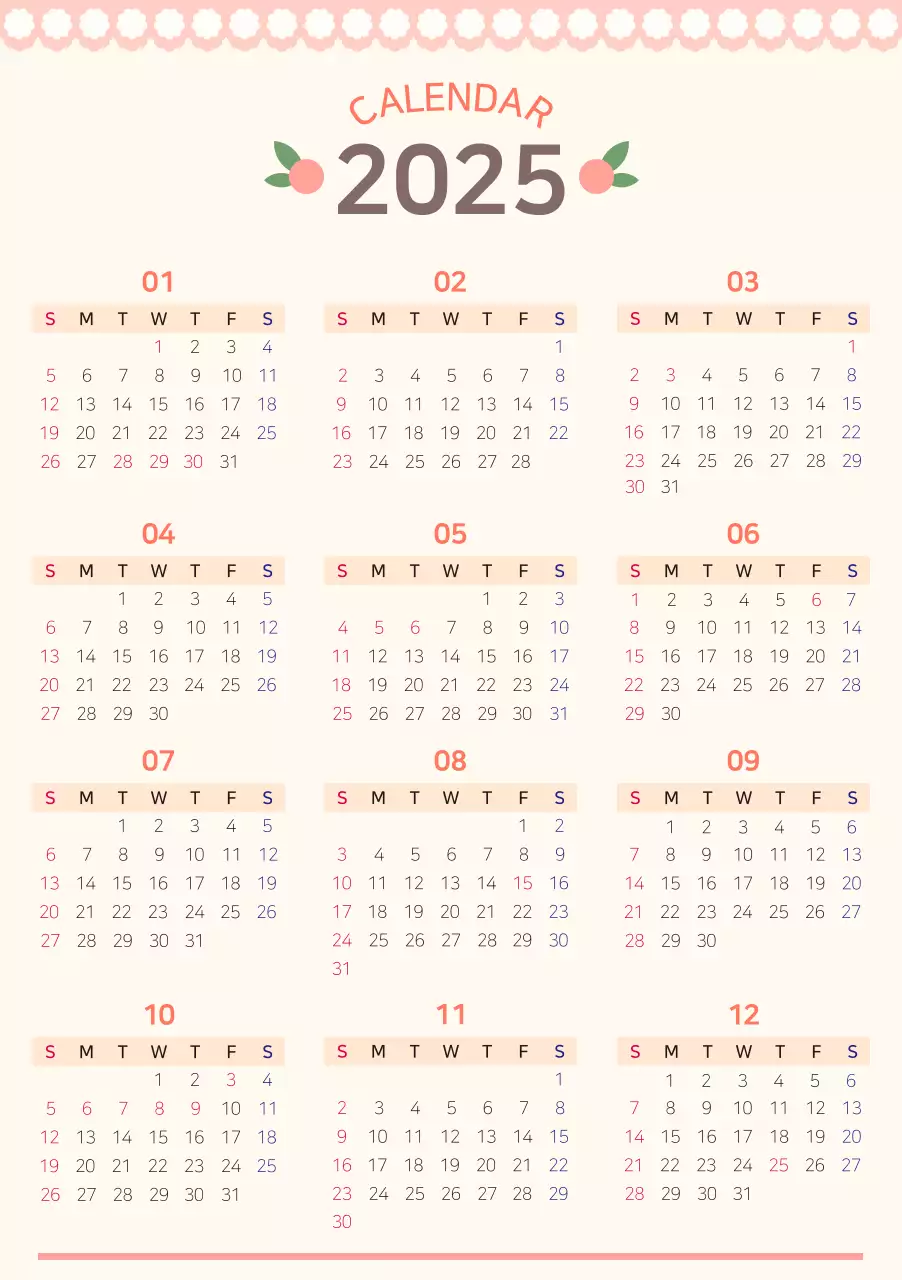 핑크색 심플한 느낌의 2025년 달력