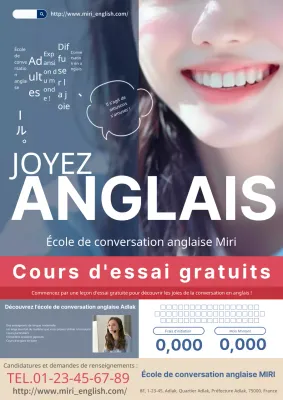 Une publicité moderne et sophistiquée pour une école de conversation anglaise dans les tons bleu marine et rouge.