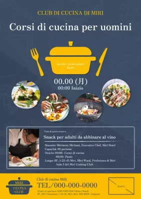 Pubblicità moderna e semplice per un corso di cucina da uomo in blu e giallo