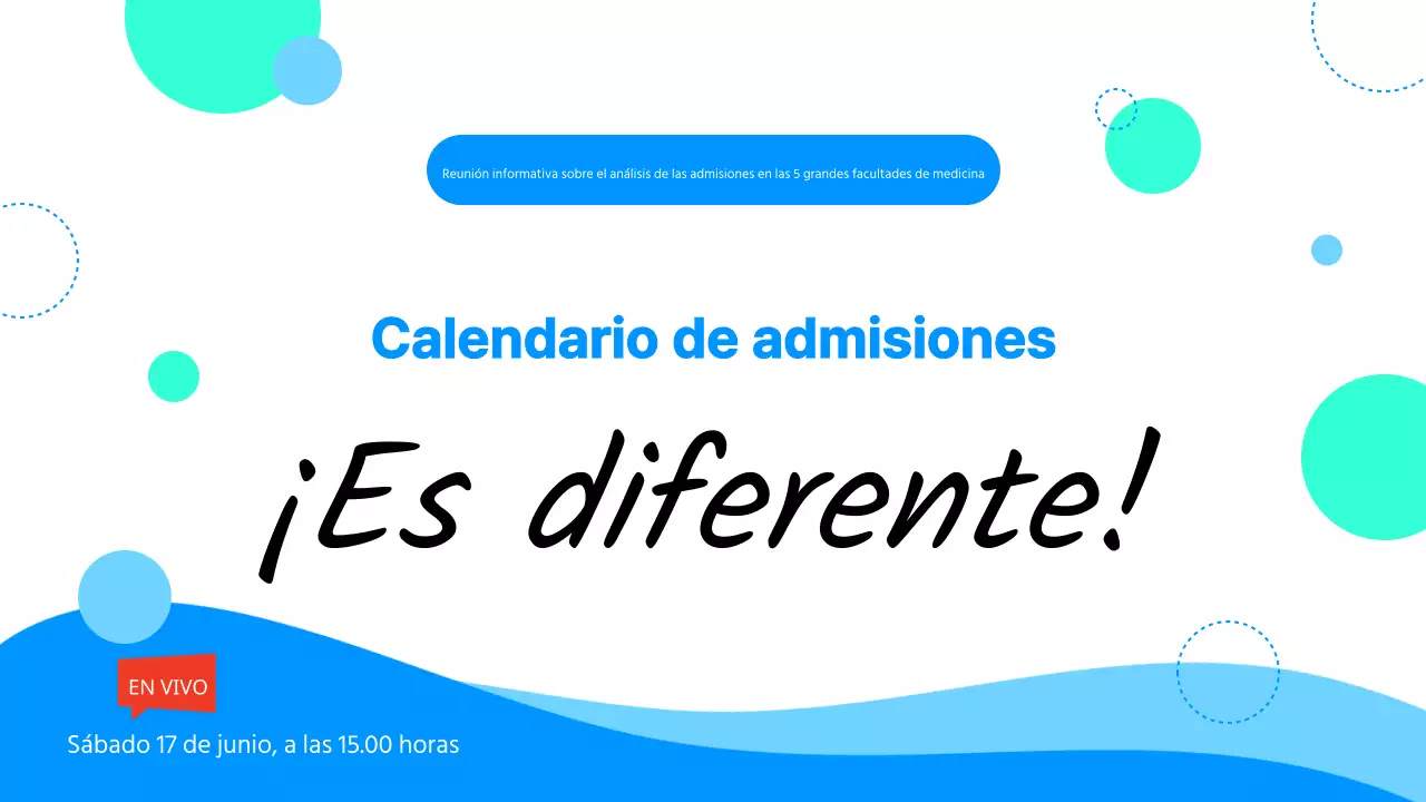 Promueva una sencilla sesión informativa de análisis de admisiones a facultades de medicina en azul claro y blanco