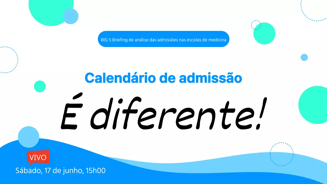Promover um briefing simples, azul claro e branco, de análise de admissão a uma escola de medicina